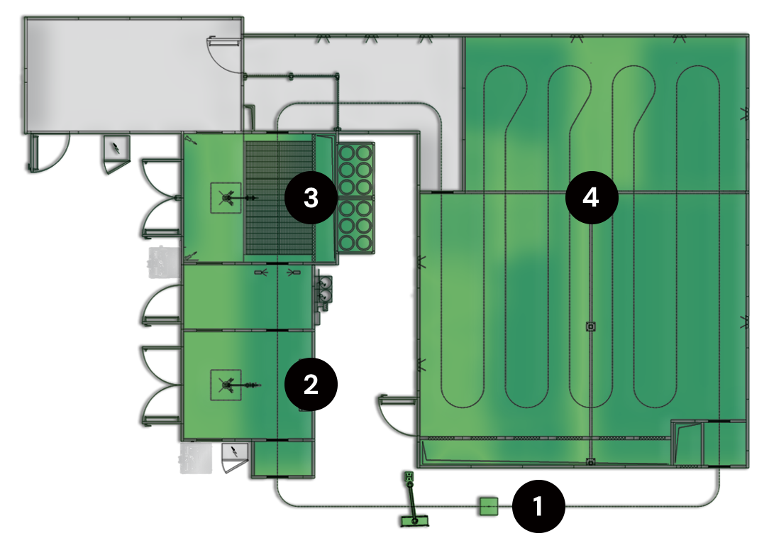 Layout mokré lakovací linky Alcadrain se znázorněním kroků