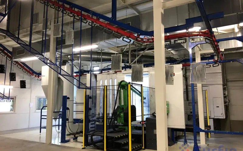 Robotic coating station with overhead conveyor