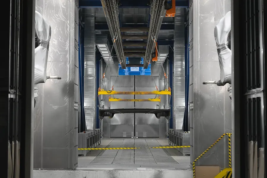 Freight wagon entering coating booth