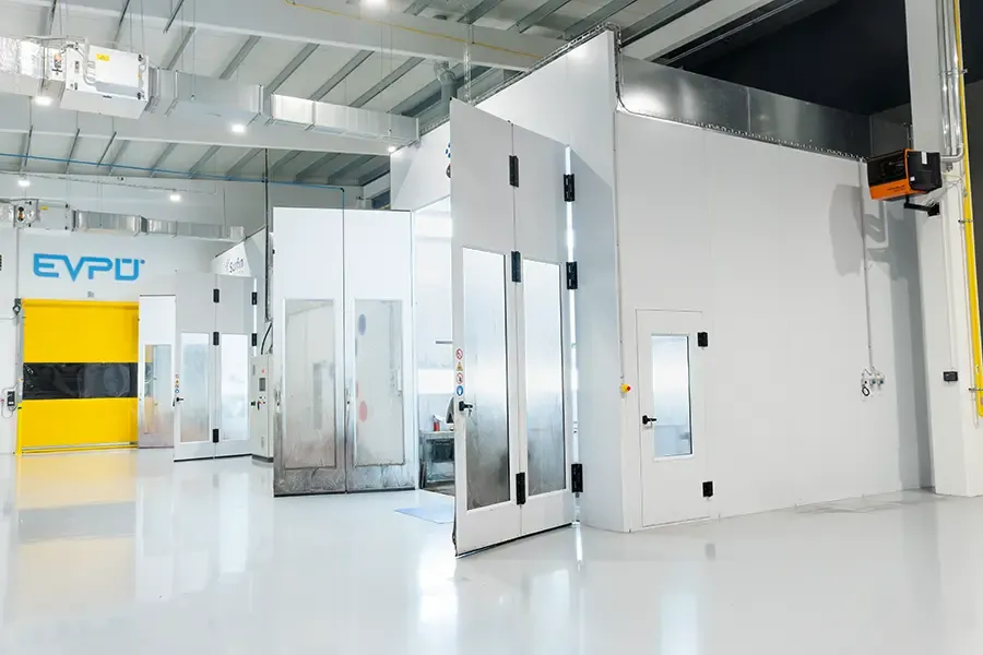 Dual wet coating booths with doors open