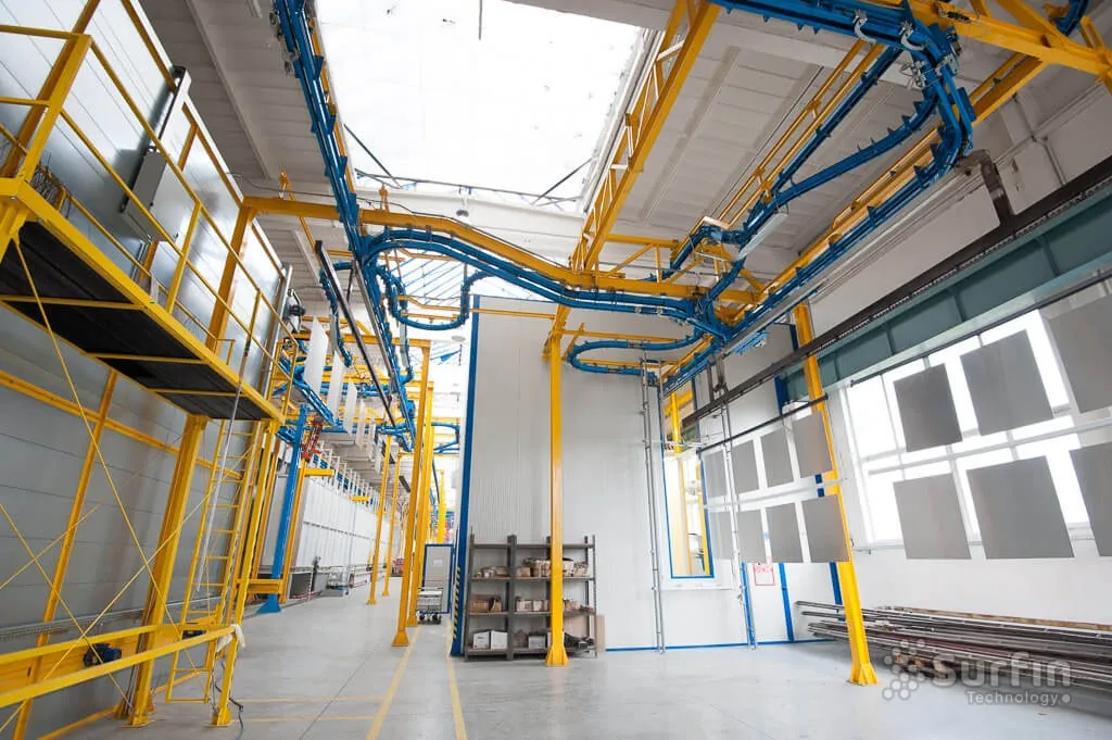 Overhead conveyor in coating line