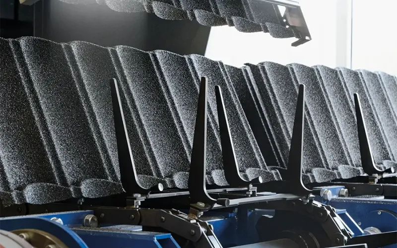Metal roof tiles exiting drying oven