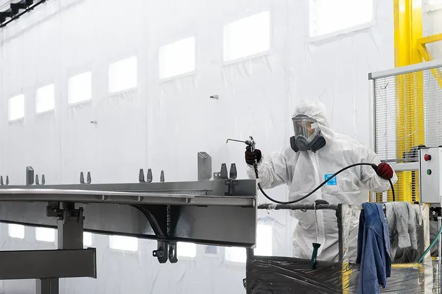 Worker manually coating wagon